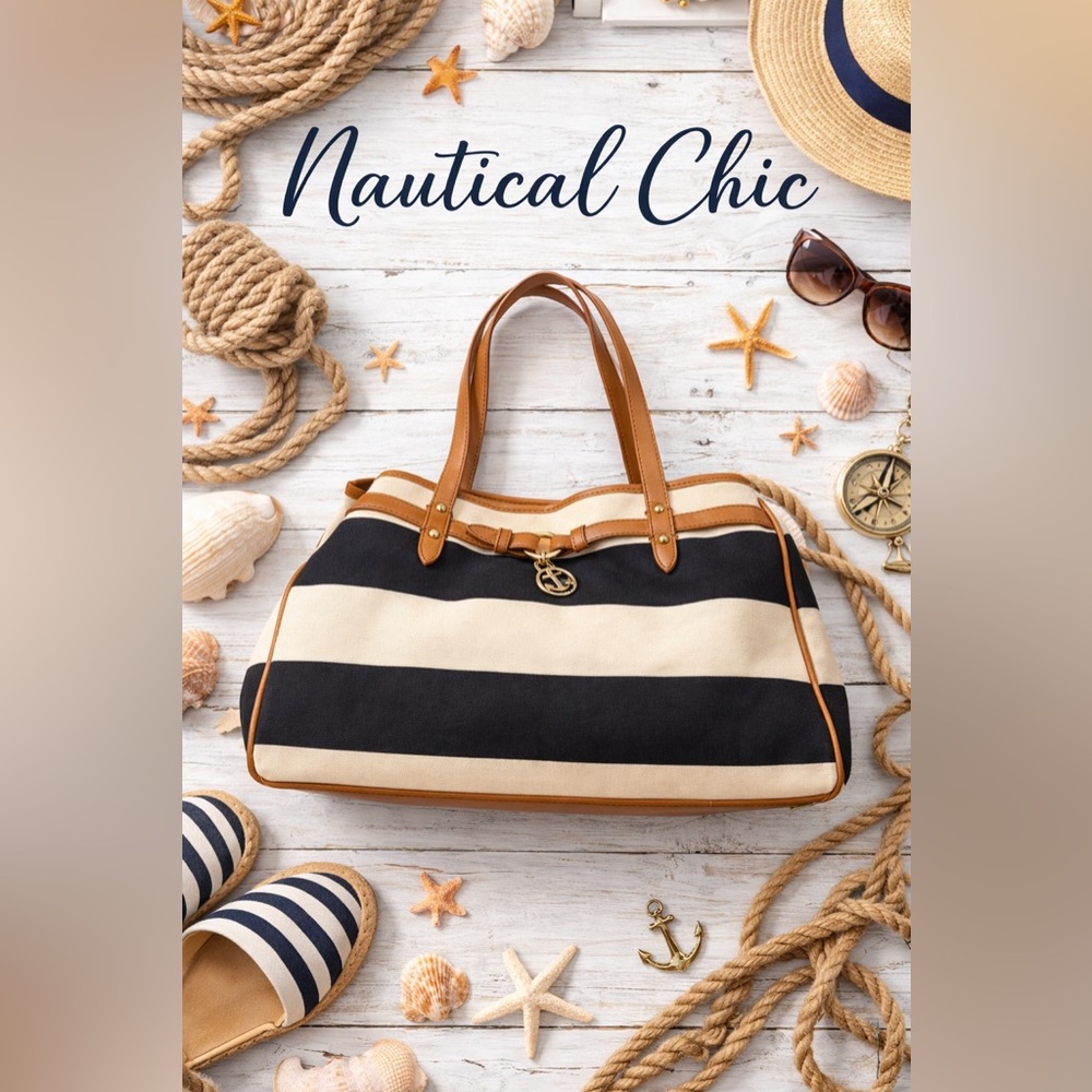 Tommy Hilfiger Nautical Stripe Canvas Tote Bag Anchor Charm